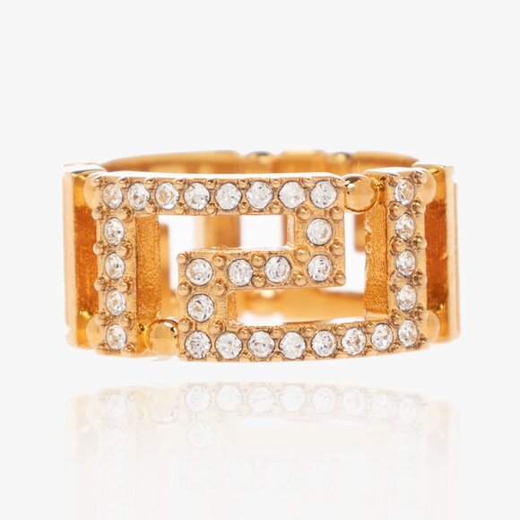 Versace Gold Color Metal & Strass Ring Sz 17